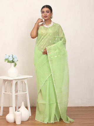 Light Pistachio Green Pure Cotton Hand Woven Dhakai Jamdani Saree With Blouse Piece