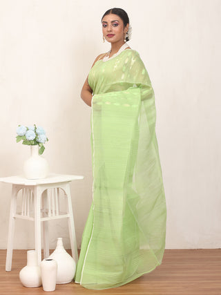 Light Pistachio Green Pure Cotton Hand Woven Dhakai Jamdani Saree With Blouse Piece