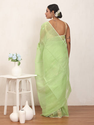 Light Pistachio Green Pure Cotton Hand Woven Dhakai Jamdani Saree With Blouse Piece