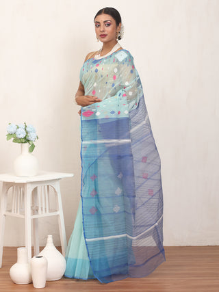 Light Sky Blue Pure Cotton Hand Woven Dhakai Jamdani Saree With Blouse Piece