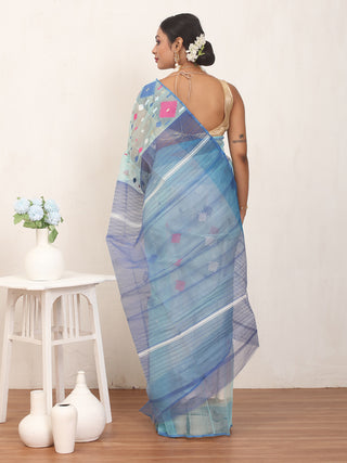Light Sky Blue Pure Cotton Hand Woven Dhakai Jamdani Saree With Blouse Piece