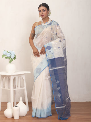 White and Blue Pure Cotton Hand Woven Dhakai Jamdani Saree With Blouse Piece