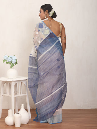 White and Blue Pure Cotton Hand Woven Dhakai Jamdani Saree With Blouse Piece