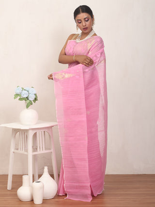Baby Pink Pure Cotton Hand Woven Dhakai Jamdani Saree With Blouse Piece