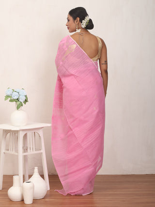 Baby Pink Pure Cotton Hand Woven Dhakai Jamdani Saree With Blouse Piece