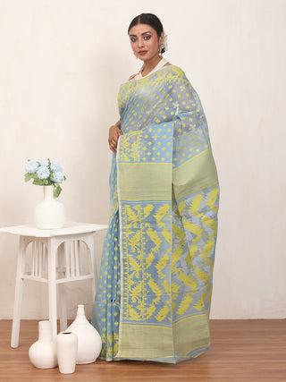 Sky Blue and Yellow Pure Cotton Machine Woven Dhakai Jamdani Saree