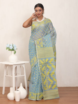 Sky Blue and Yellow Pure Cotton Machine Woven Dhakai Jamdani Saree