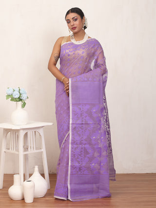 Purple Pure Cotton Machine Woven Dhakai Jamdani Saree