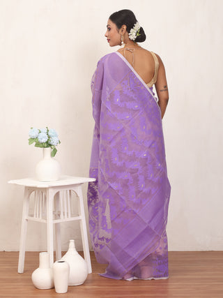 Purple Pure Cotton Machine Woven Dhakai Jamdani Saree
