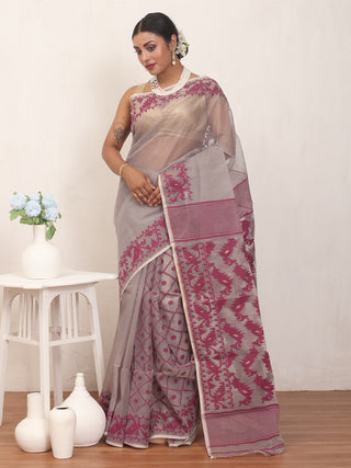Grey and Wine Patli-Pallu Pure Cotton Machine Woven Dhakai Jamdani Saree