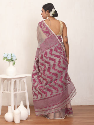 Grey and Wine Patli-Pallu Pure Cotton Machine Woven Dhakai Jamdani Saree