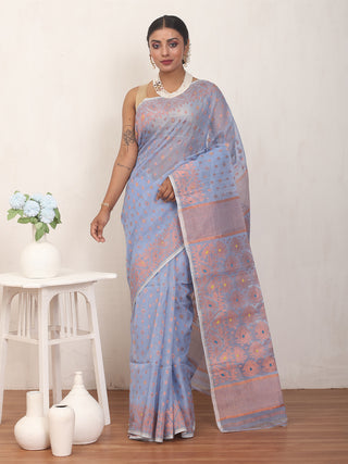 Blue Pure Cotton Machine Woven Dhakai Jamdani Saree with Copper Zari