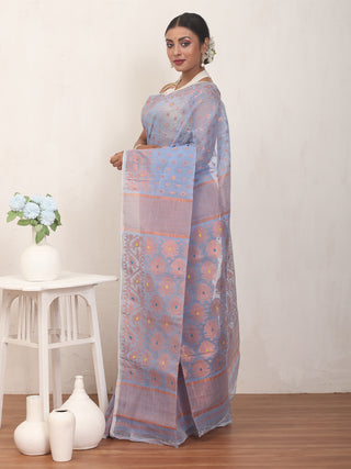 Blue Pure Cotton Machine Woven Dhakai Jamdani Saree with Copper Zari