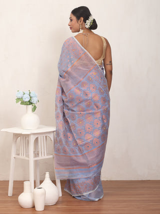 Blue Pure Cotton Machine Woven Dhakai Jamdani Saree with Copper Zari