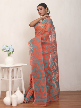 Carrot Colour Pure Cotton Machine Woven Dhakai Jamdani Saree