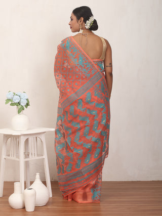 Carrot Colour Pure Cotton Machine Woven Dhakai Jamdani Saree