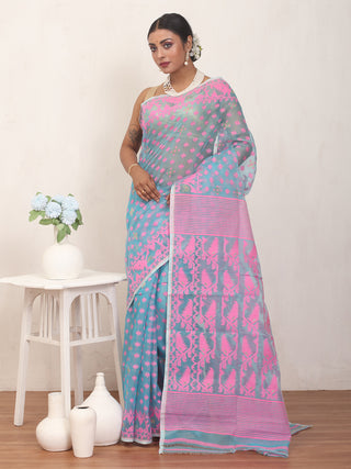 Sky Blue and Pink Pure Cotton Machine Woven Dhakai Jamdani Saree