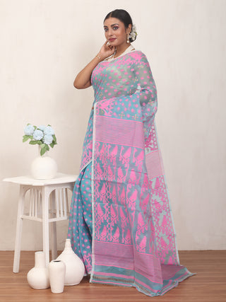 Sky Blue and Pink Pure Cotton Machine Woven Dhakai Jamdani Saree