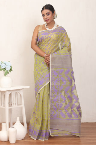Olive Green and Purple Pure Cotton Machine Woven Dhakai Jamdani Saree
