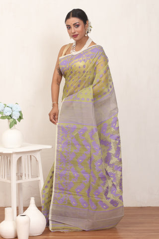 Olive Green and Purple Pure Cotton Machine Woven Dhakai Jamdani Saree