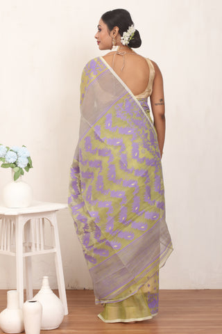 Olive Green and Purple Pure Cotton Machine Woven Dhakai Jamdani Saree