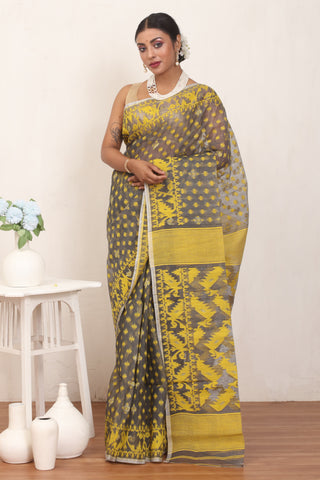 Dark Grey And Yellow Pure Cotton Machine Woven Dhakai Jamdani Saree