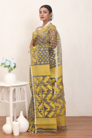 Dark Grey And Yellow Pure Cotton Machine Woven Dhakai Jamdani Saree