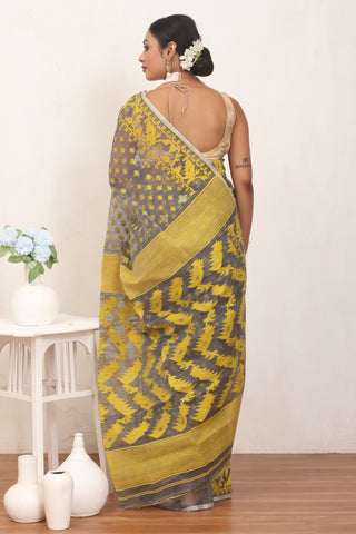 Dark Grey And Yellow Pure Cotton Machine Woven Dhakai Jamdani Saree
