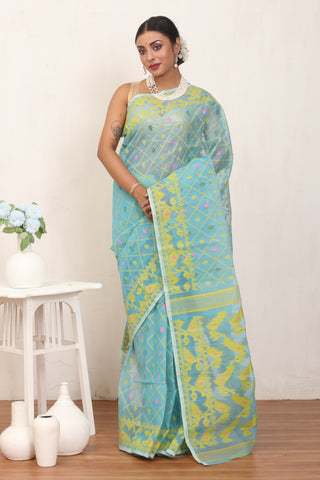 Sky Blue Pure Cotton Machine Woven Dhakai Jamdani Saree