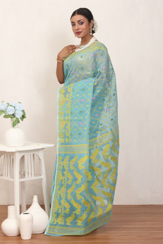 Sky Blue Pure Cotton Machine Woven Dhakai Jamdani Saree