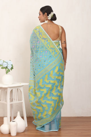 Sky Blue Pure Cotton Machine Woven Dhakai Jamdani Saree