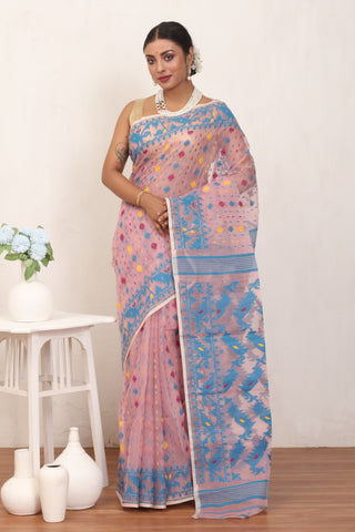 Dirty Pink Pure Cotton Machine Woven Dhakai Jamdani Saree