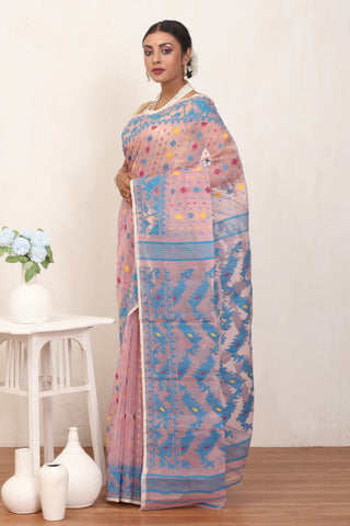 Dirty Pink Pure Cotton Machine Woven Dhakai Jamdani Saree