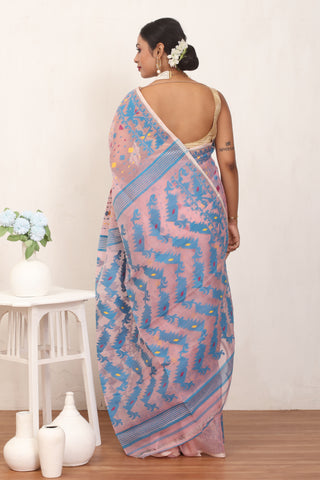 Dirty Pink Pure Cotton Machine Woven Dhakai Jamdani Saree