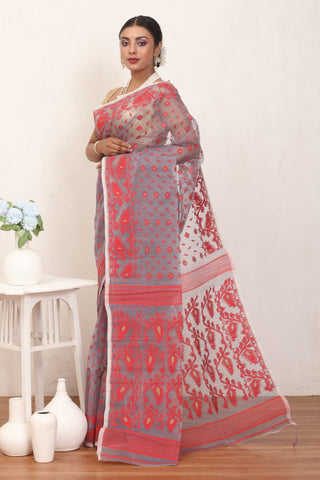 Elephant Grey and Red Pure Cotton Machine Woven Dhakai Jamdani Saree