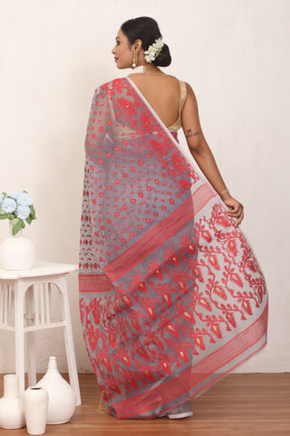 Elephant Grey and Red Pure Cotton Machine Woven Dhakai Jamdani Saree