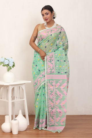 Pista Green Pure Cotton Machine Woven Dhakai Jamdani Saree