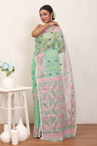 Pista Green Pure Cotton Machine Woven Dhakai Jamdani Saree
