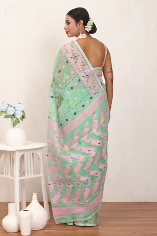Pista Green Pure Cotton Machine Woven Dhakai Jamdani Saree