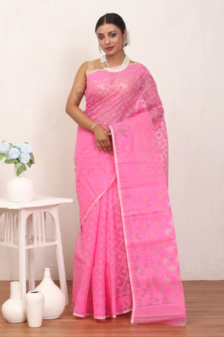 Lotus Pink Pure Cotton Machine Woven Dhakai Jamdani Saree