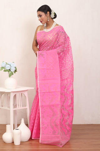 Lotus Pink Pure Cotton Machine Woven Dhakai Jamdani Saree