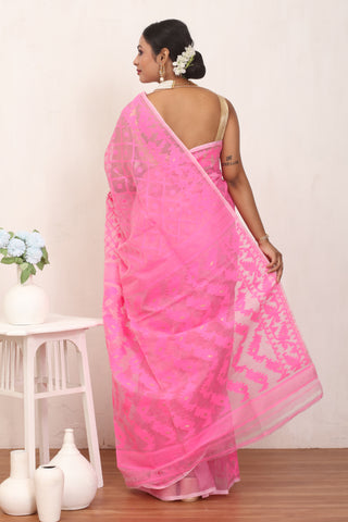 Lotus Pink Pure Cotton Machine Woven Dhakai Jamdani Saree