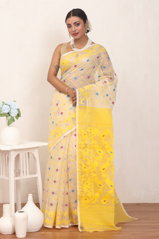 Off White Pure Cotton Machine Woven Dhakai Jamdani Saree with Multi-Colour Weaves