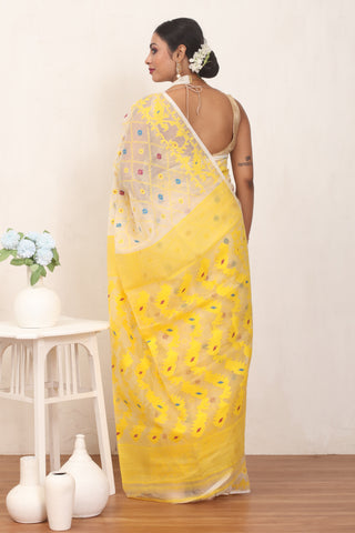 Off White Pure Cotton Machine Woven Dhakai Jamdani Saree with Multi-Colour Weaves