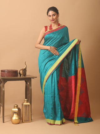 Teal And Carmine Red Bhagalpuri Handwoven Pure Dupion Silk Saree