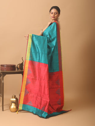 Teal And Carmine Red Bhagalpuri Handwoven Pure Dupion Silk Saree