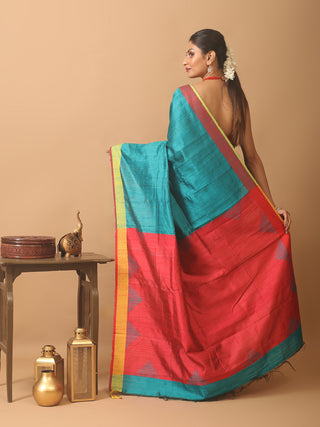 Teal And Carmine Red Bhagalpuri Handwoven Pure Dupion Silk Saree