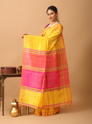 Golden Yellow And Fuchsia Bhagalpuri Handwoven Pure Dupion Silk Saree