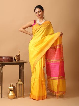 Golden Yellow And Fuchsia Bhagalpuri Handwoven Pure Dupion Silk Saree