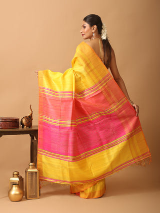 Golden Yellow And Fuchsia Bhagalpuri Handwoven Pure Dupion Silk Saree